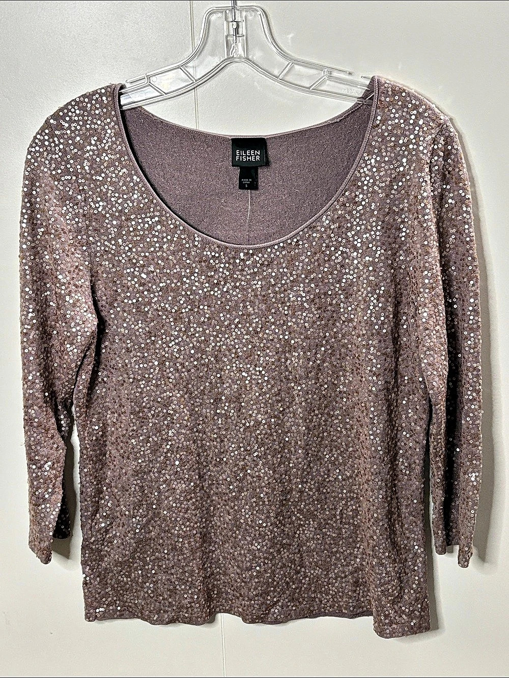 Eileen Fisher Silk & Cotton Lavender Sequined Sparkle Scoop Neck Top Small
